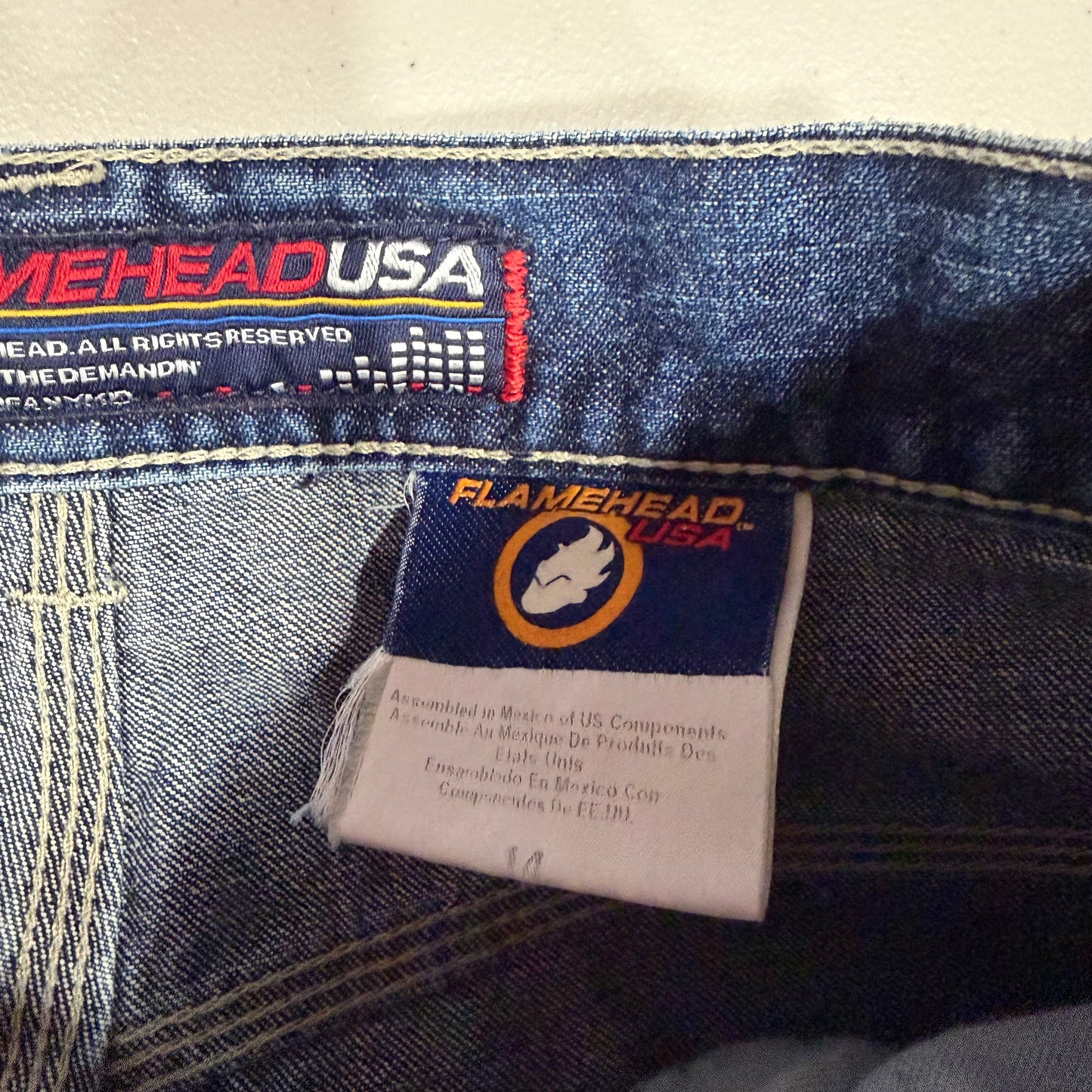 (28”) vintage/y2k flamehead embroidered striped jeans