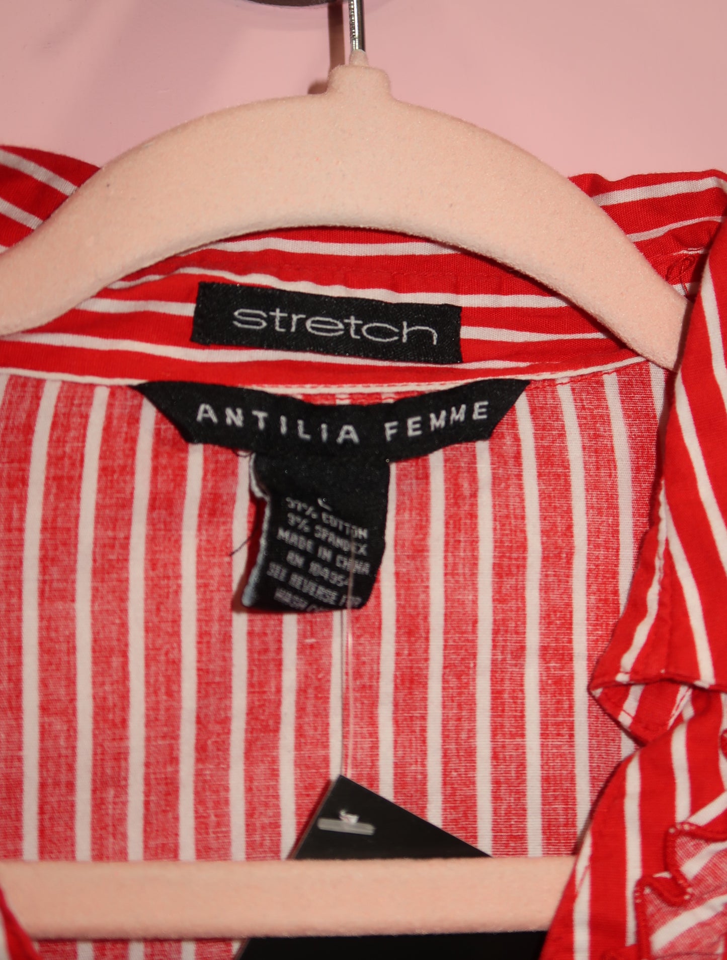 (L) vintage ruffled trim pin striped button up top