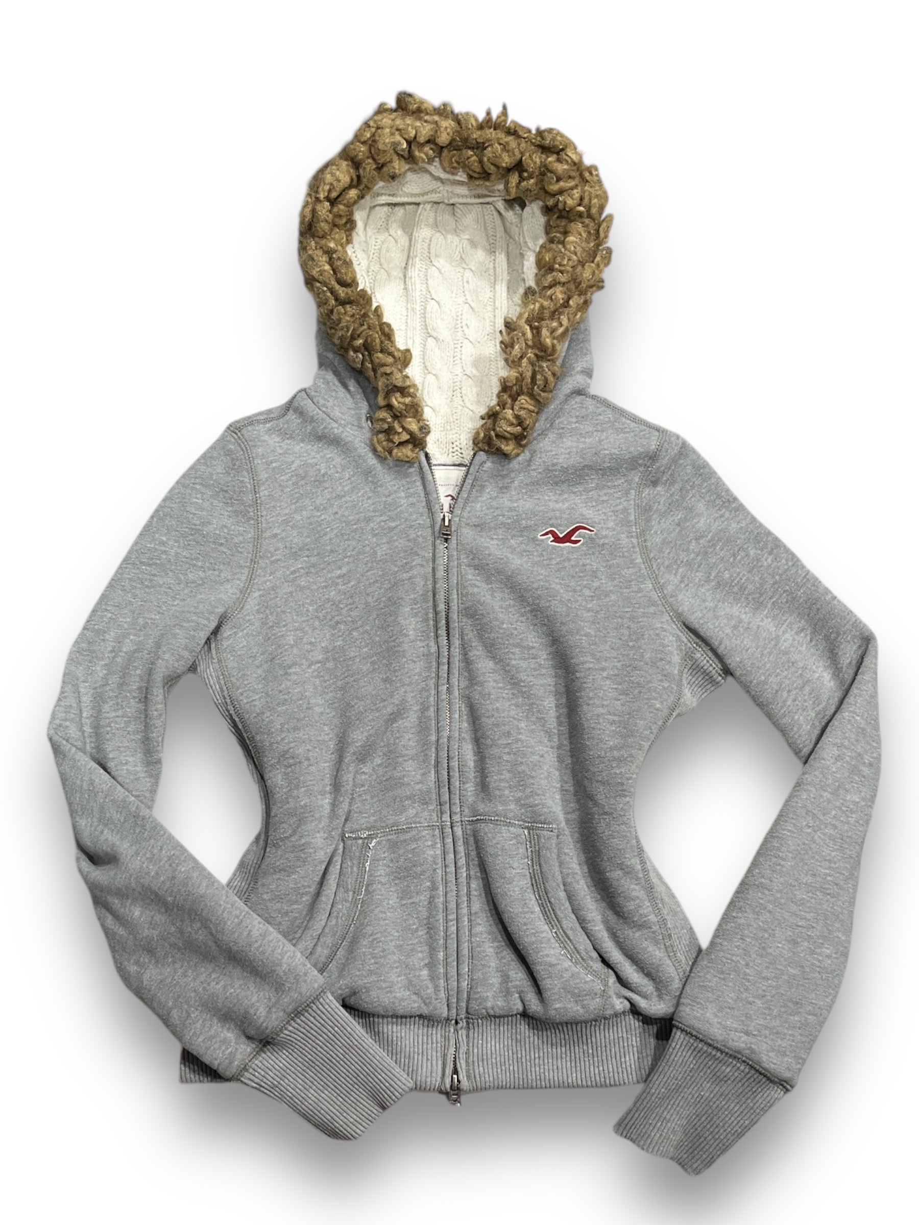 L Y2K Hollister Fur Hood Grey Zip Up Jacket Planetplaygirl