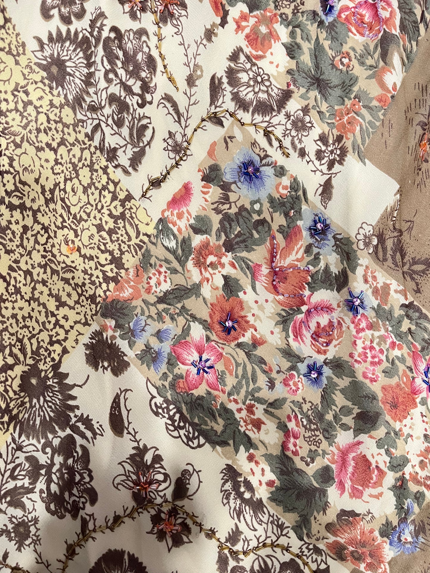 (L) Vintage Beaded Patchwork Floral Print Dress