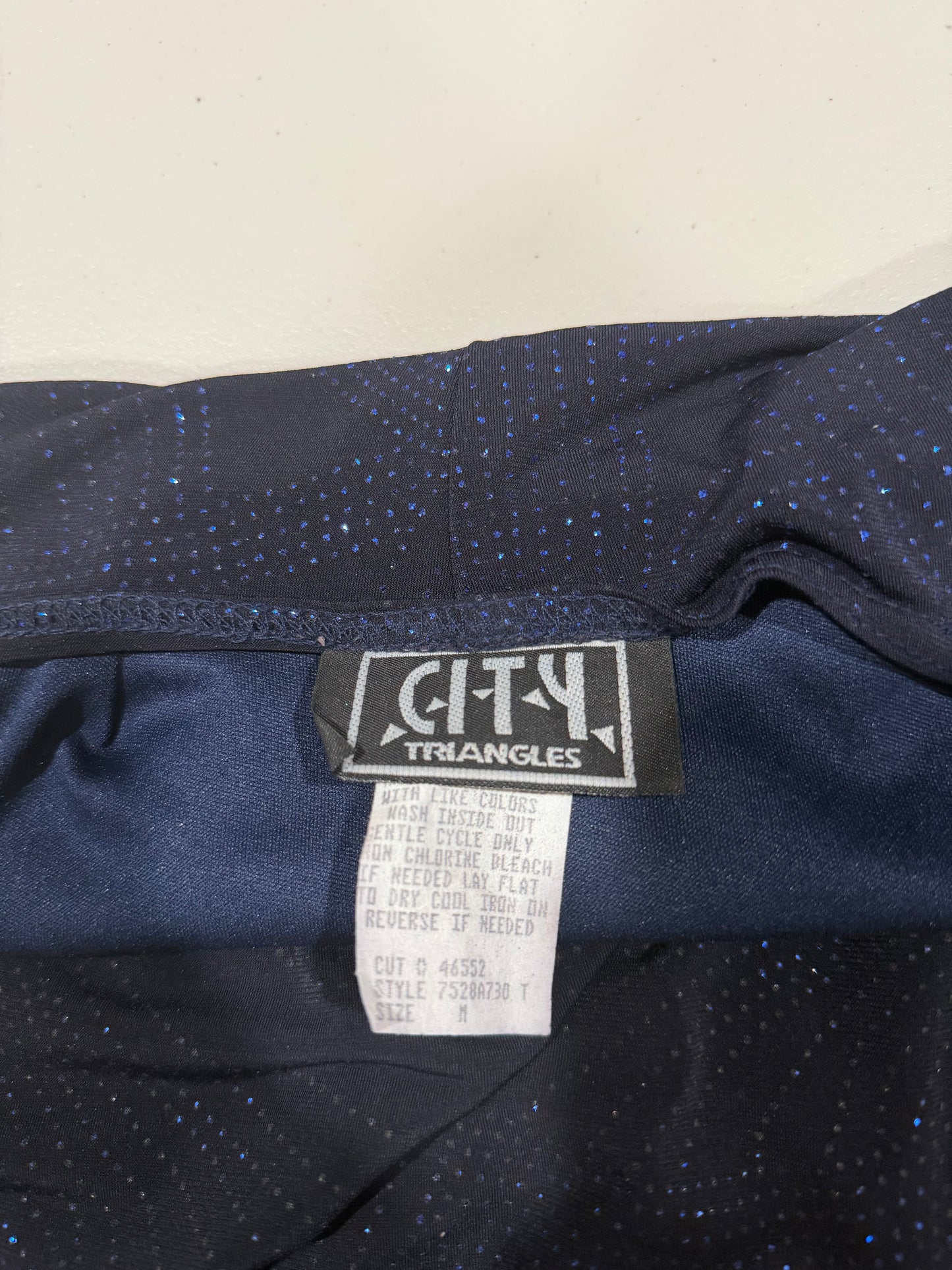 (M) vintage/early 2000s city triangles navy blue glitter asymmetrical lettuce trim maxi dress