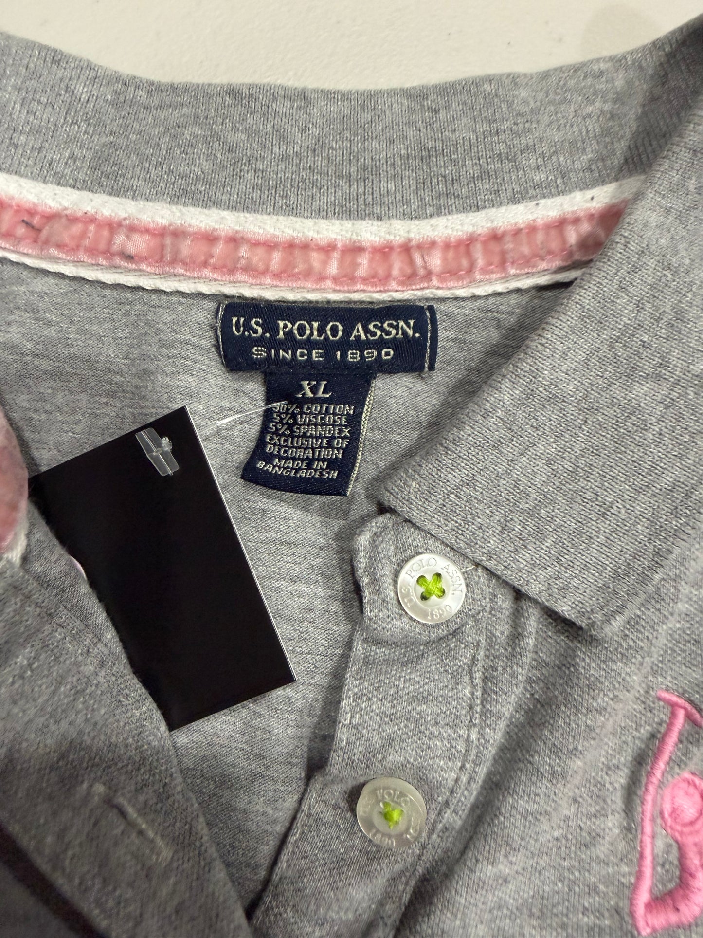 (XL) early 2000s grey, pink & green polo top