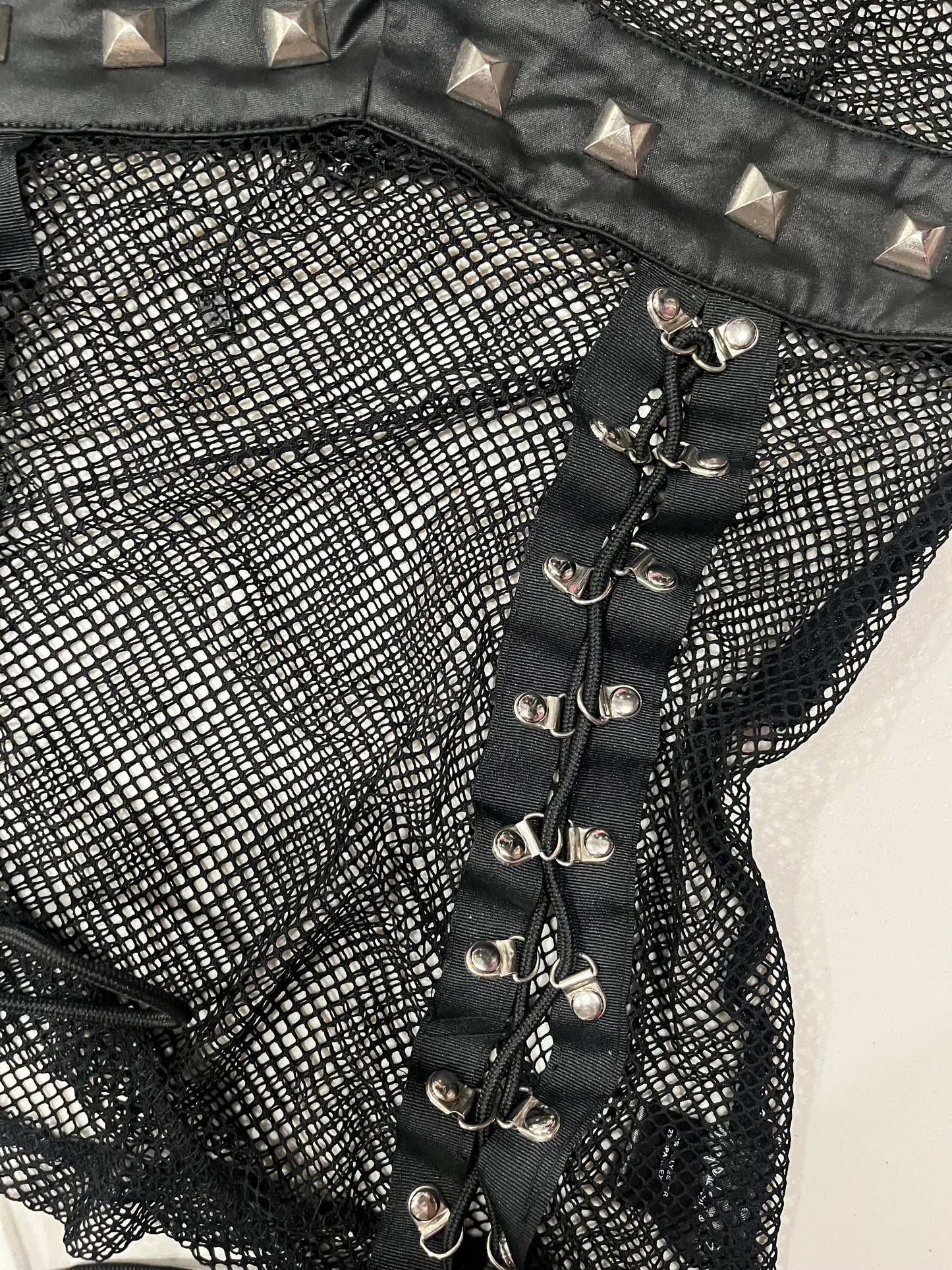 (M) Living Dead Souls Black mesh top with studded straps and lace up detail