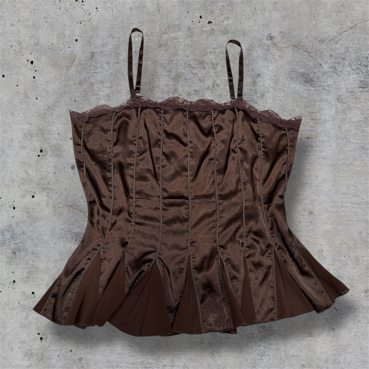 (3XL) vintage satin lace trim brown detailed top