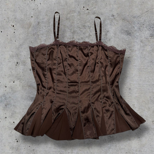 (3XL) vintage satin lace trim brown detailed top