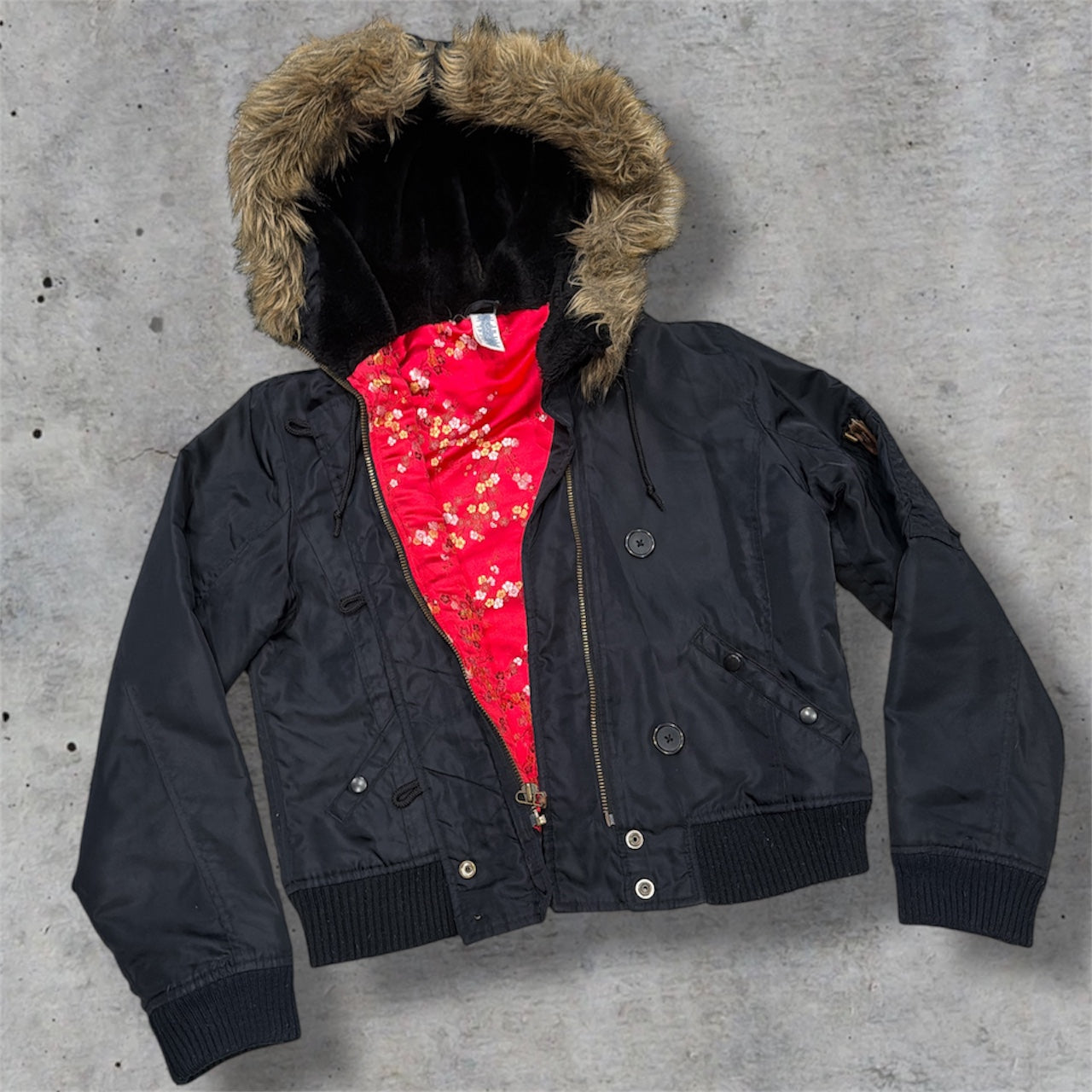 (M) 2000s old navy cherry blossom satin lined fur hood jacket