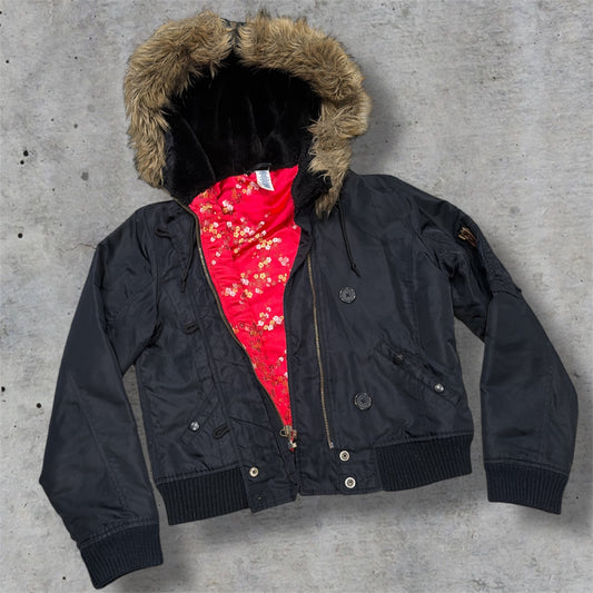 (M) 2000s old navy cherry blossom satin lined fur hood jacket