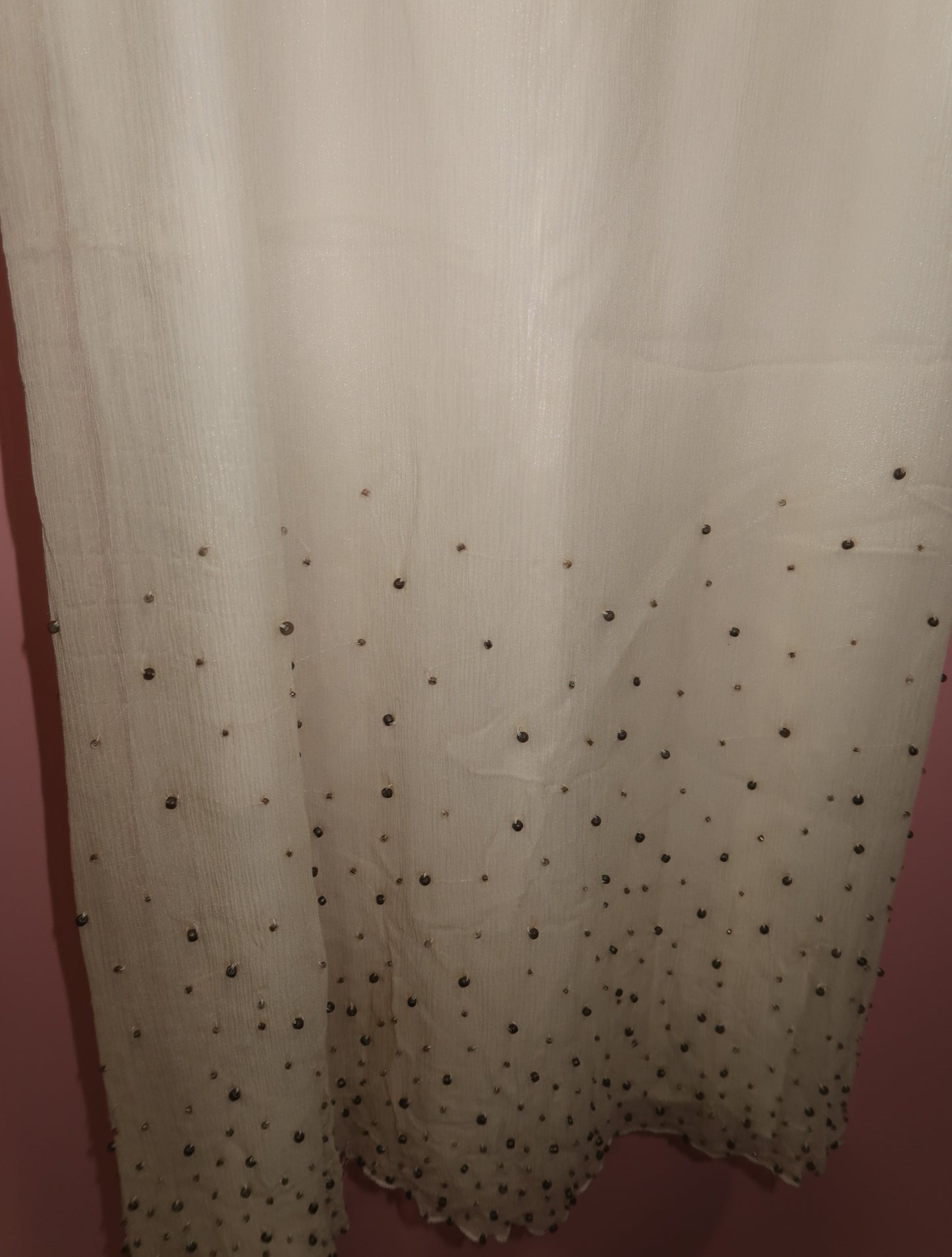 (M) vintage gold & white beaded 100% silk midi dress