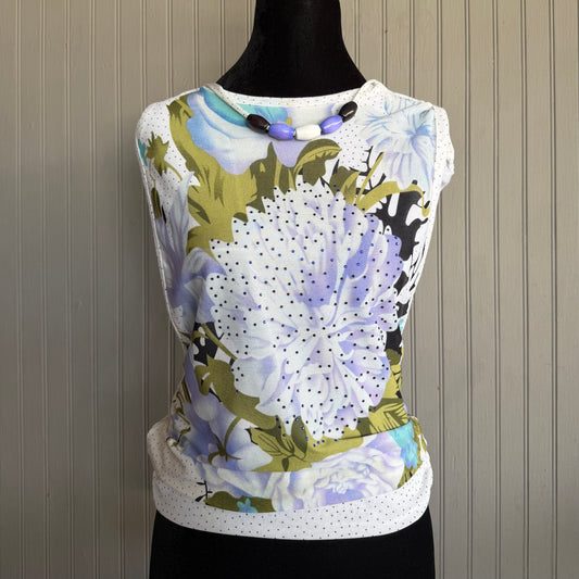 (S) 90s beaded floral print mesh layered top