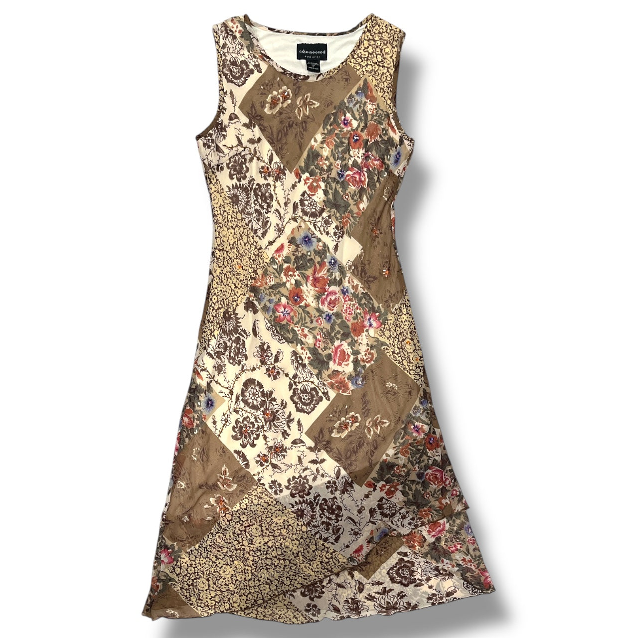 (L) Vintage Beaded Patchwork Floral Print Dress