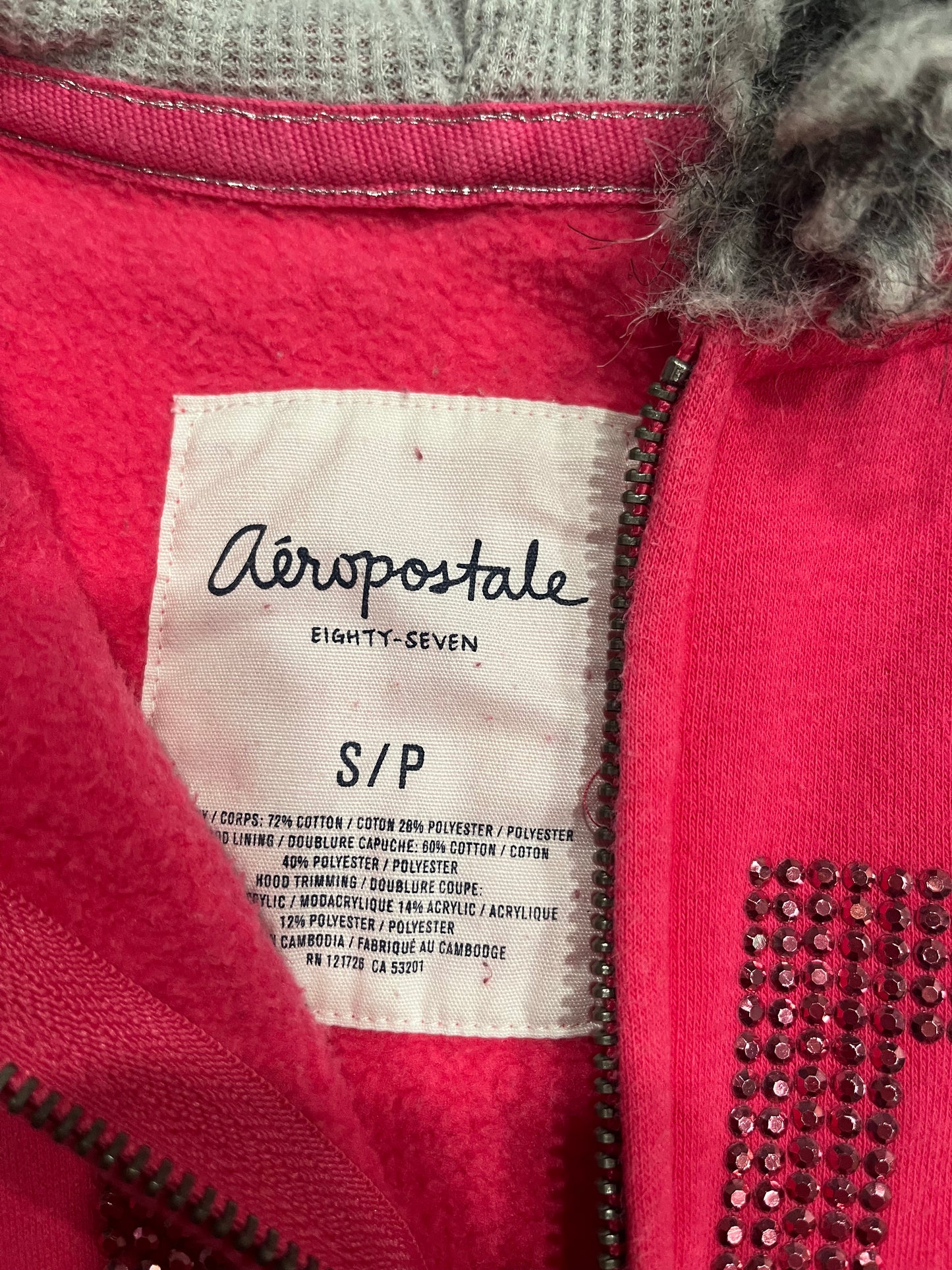 (S) 2000s Pink Bedazzled Mcbling Aeropostale Fur Hood Jacket