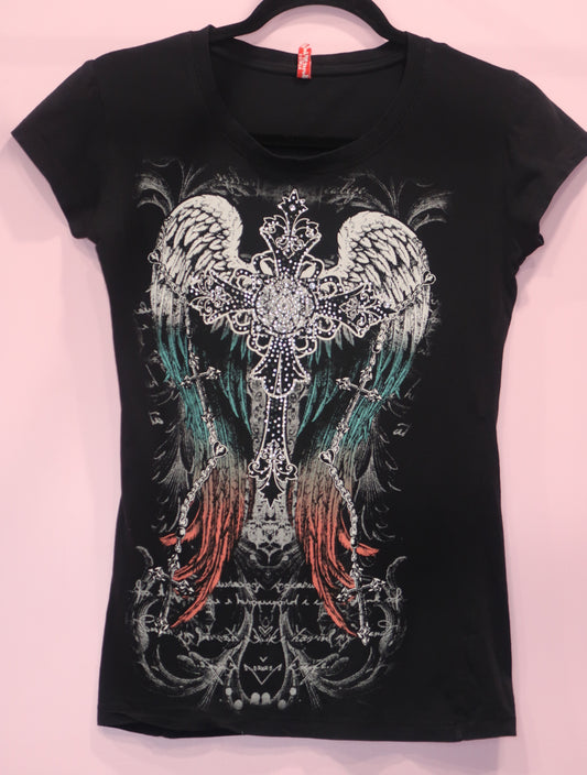 (S/M) y2k angel wing & cross black baby tee
