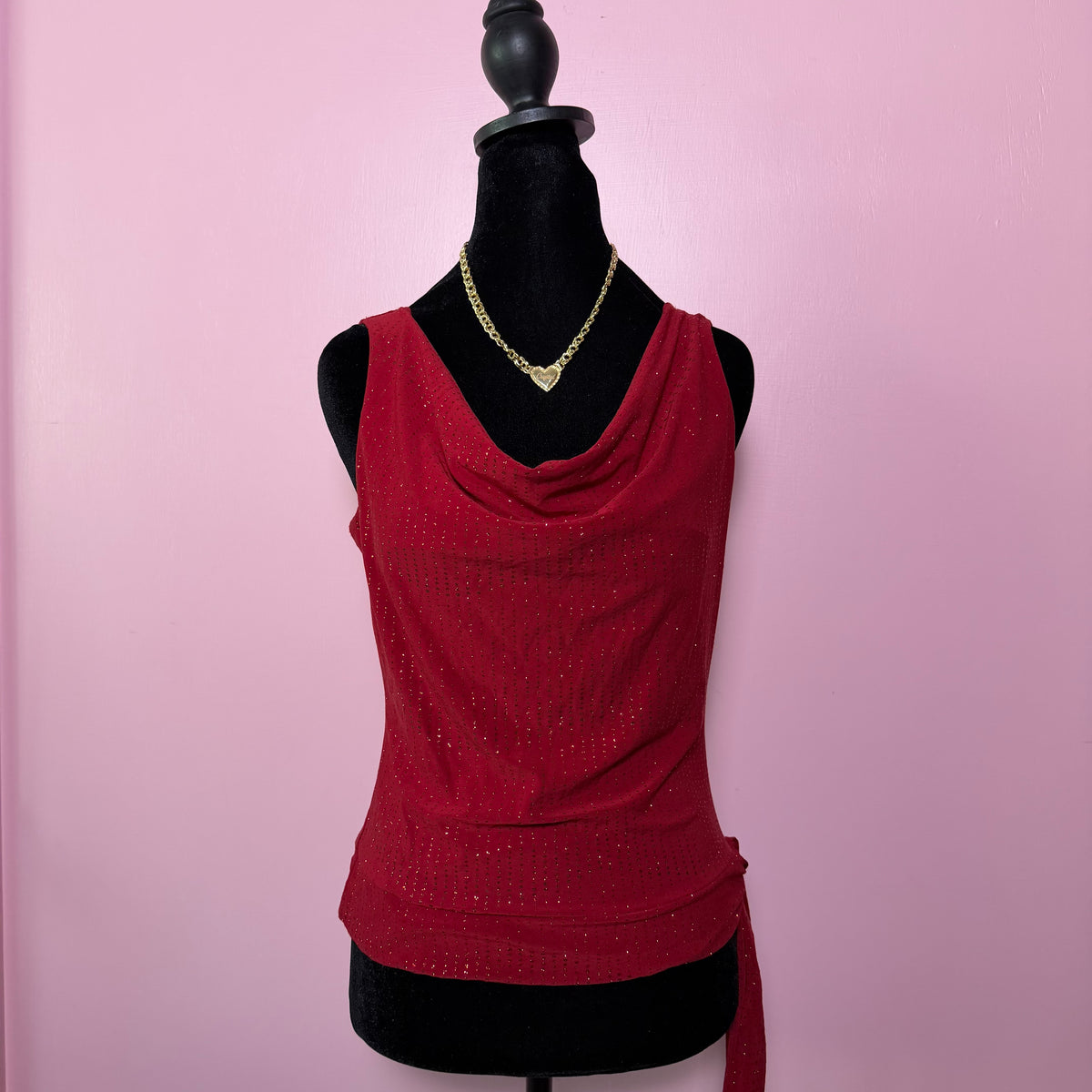 (M) vtg cowl neck red sequin top with tie detail