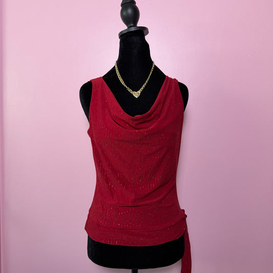 (M) vtg cowl neck red sequin top with tie detail