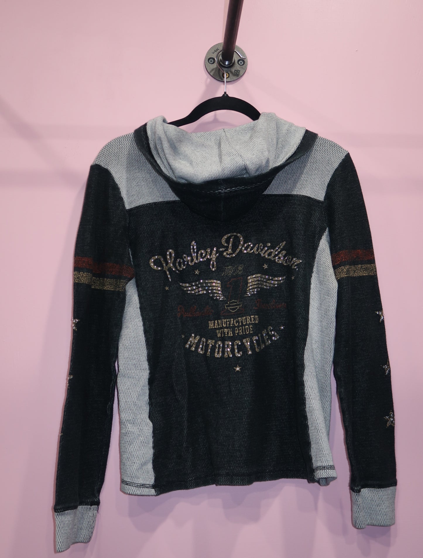 (M) Harley Davidson embellished grey hooded thermal top