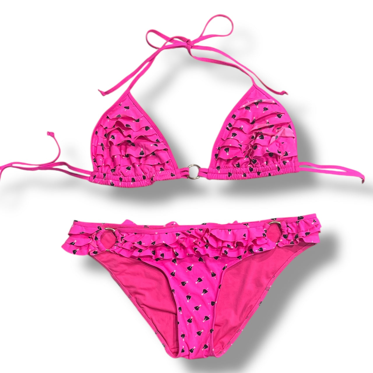 (M/L) 2000s PINK By VS Hot Pink Ruffle Heart & Arrow Bikini Set