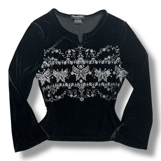 (S/M) Early 2000s Velour Butterfly Long Sleeve Top