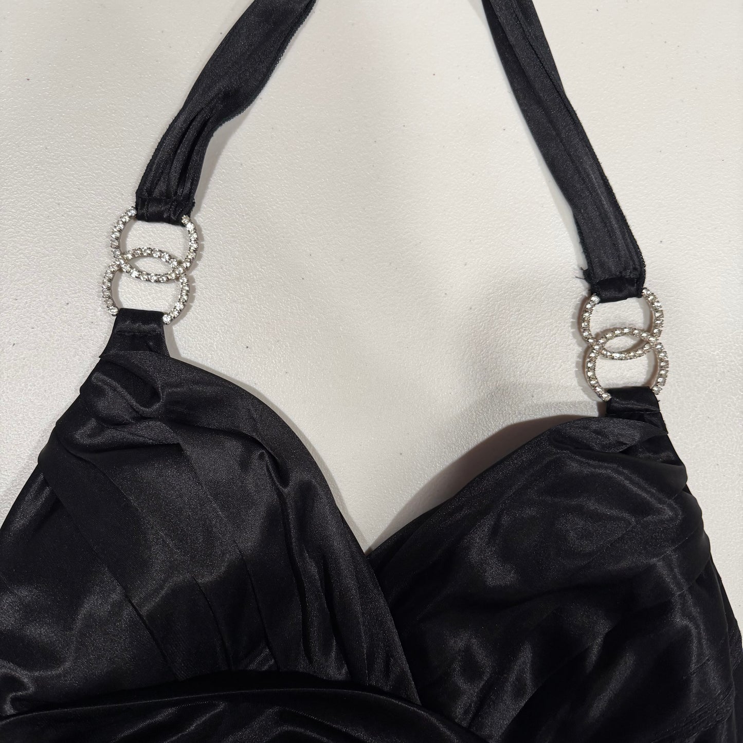 (M) Y2K Trixxi satin club halter rhinestone detail mini dress