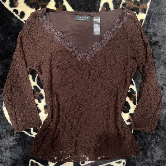(M) 2000s Lace Trim Brown Top