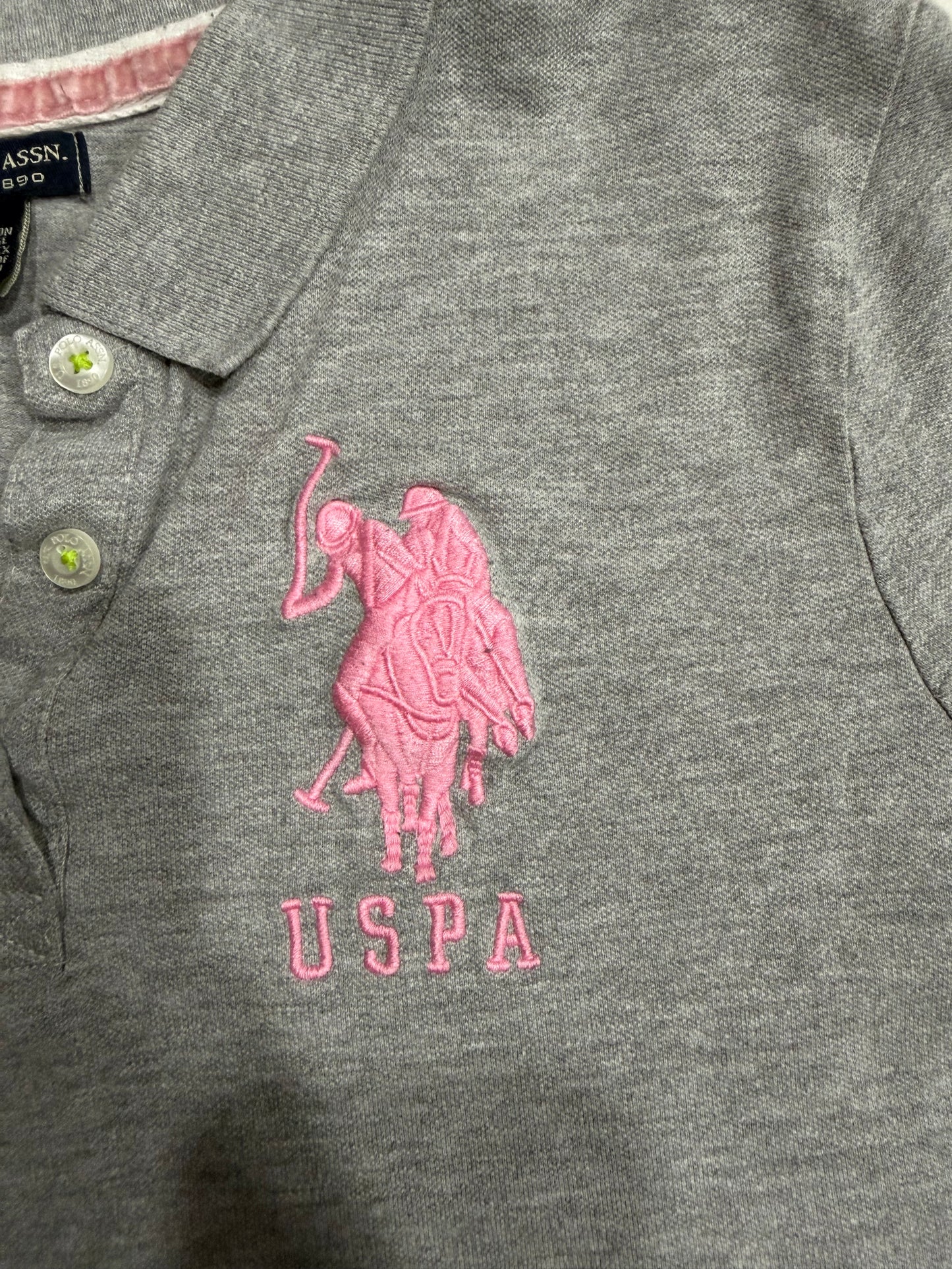 (XL) early 2000s grey, pink & green polo top