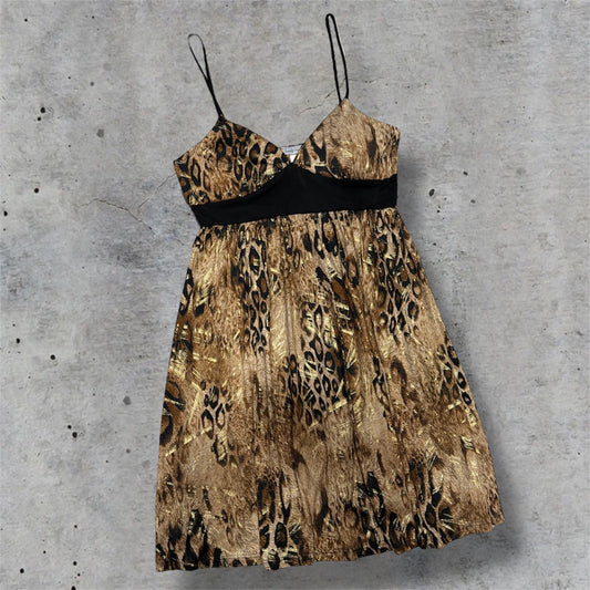 (M) y2k cheetah print satin metallic babydoll tie up dress