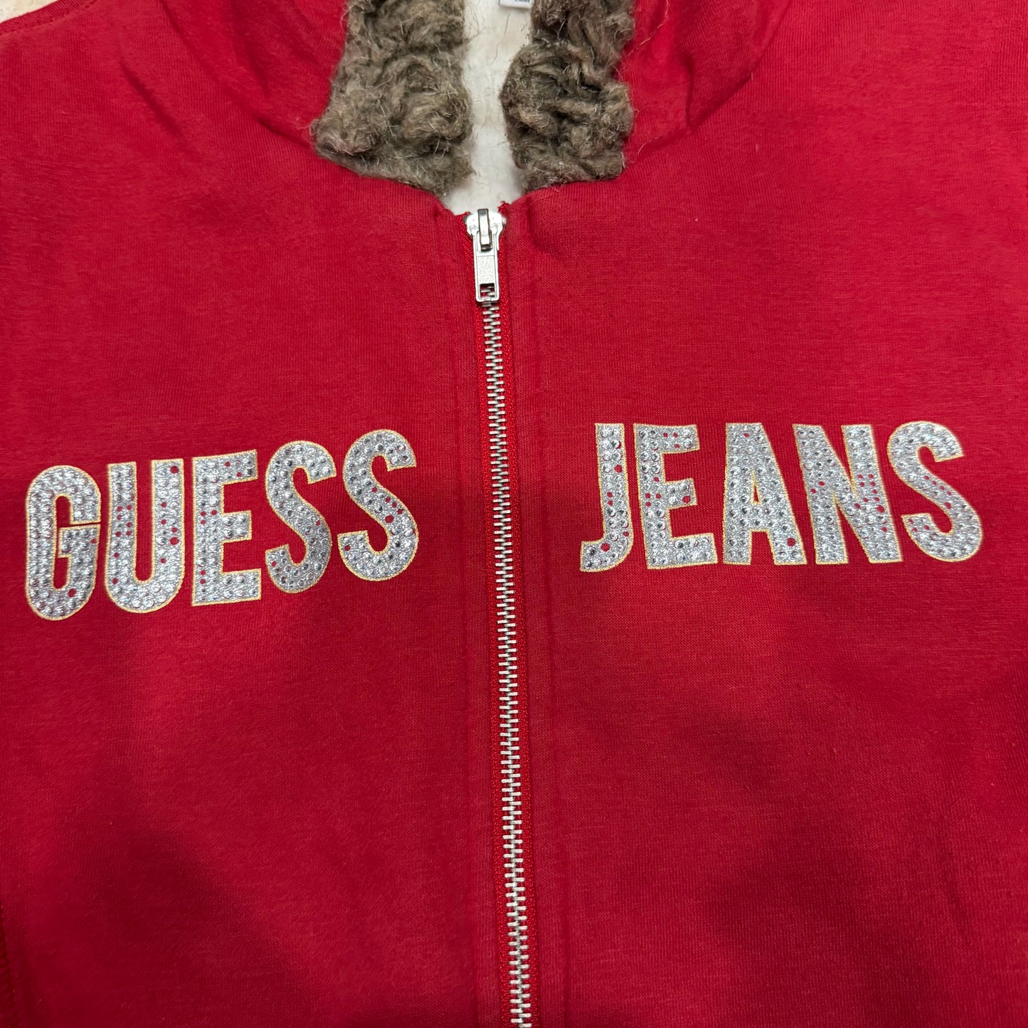 (M) early 2000s guess jeans fur hood red embellished red zip up jacket