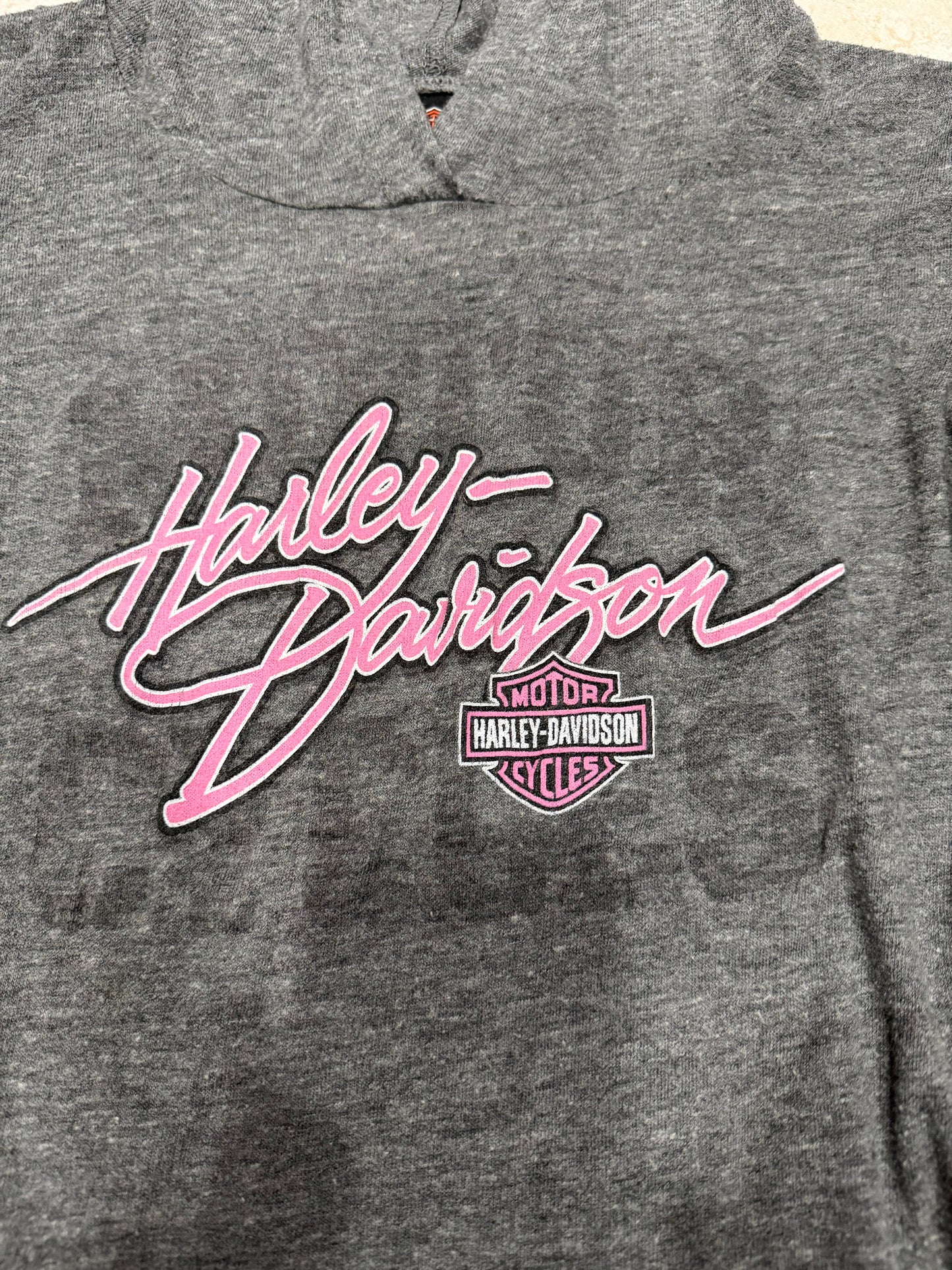 (S/M) 2000s harley davidson pink & grey hooded long sleeve top