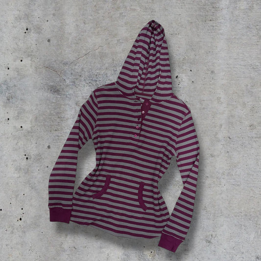 (M) 2000s striped purple hooded thermal sweater