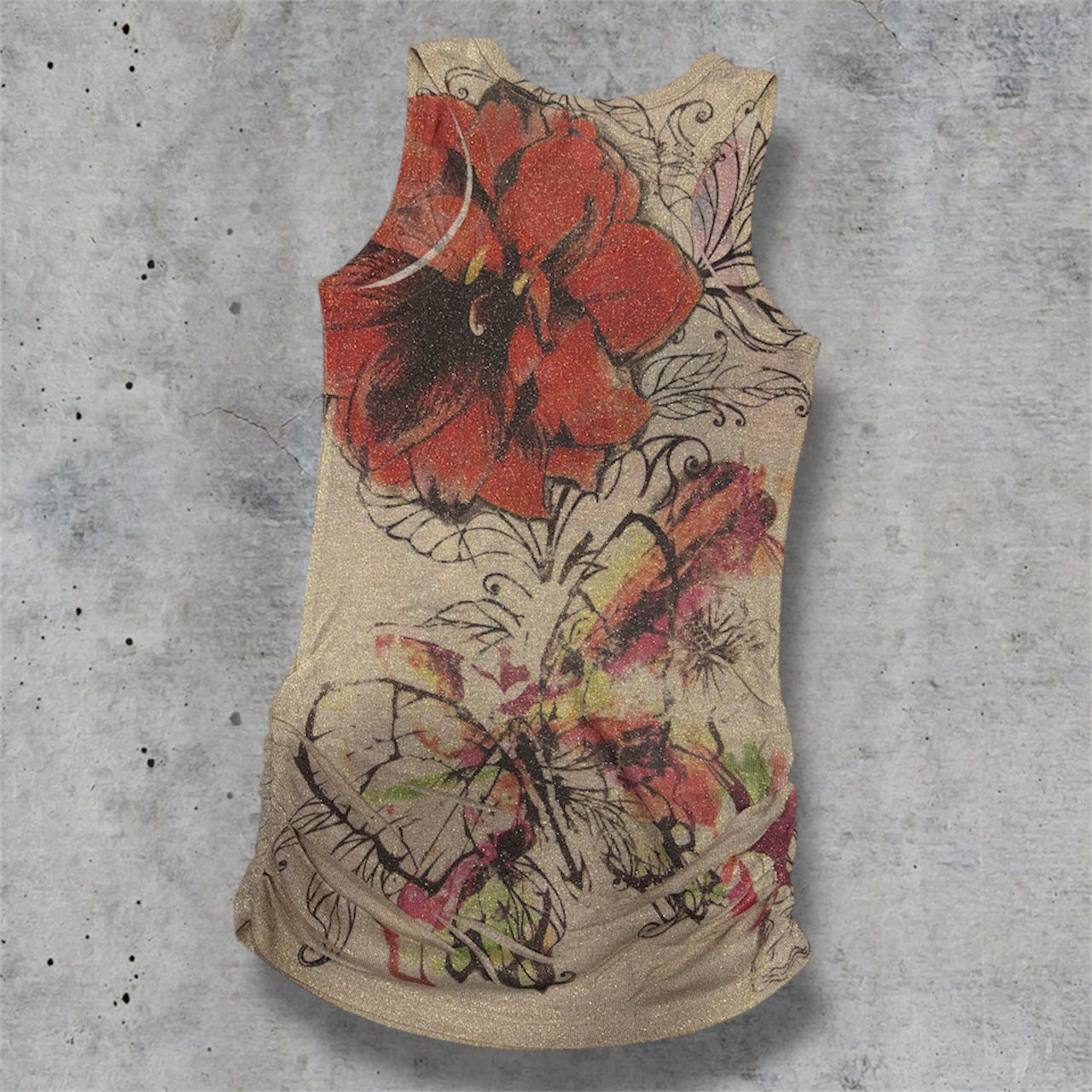 (M) 2000s tattoo print body central ruched top