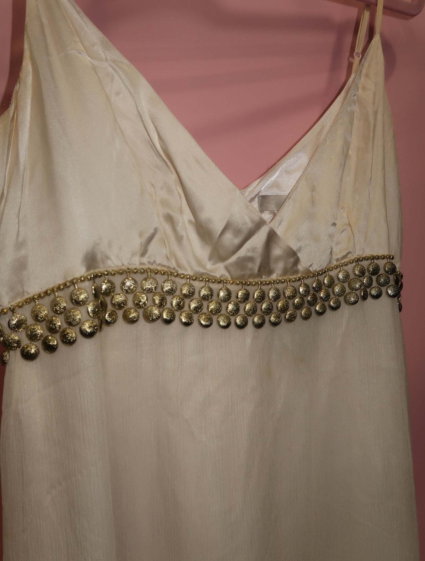 (M) vintage gold & white beaded 100% silk midi dress