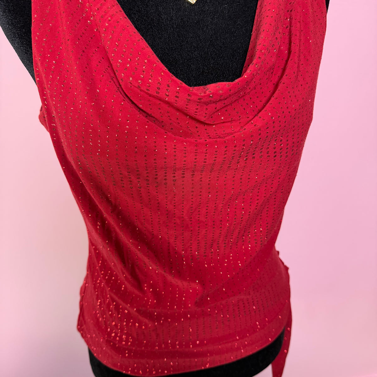 (M) vtg cowl neck red sequin top with tie detail