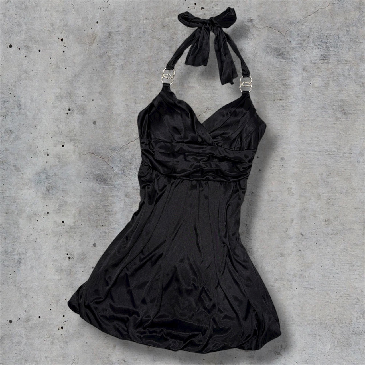 (M) Y2K Trixxi satin club halter rhinestone detail mini dress