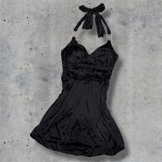 (M) Y2K Trixxi satin club halter rhinestone detail mini dress