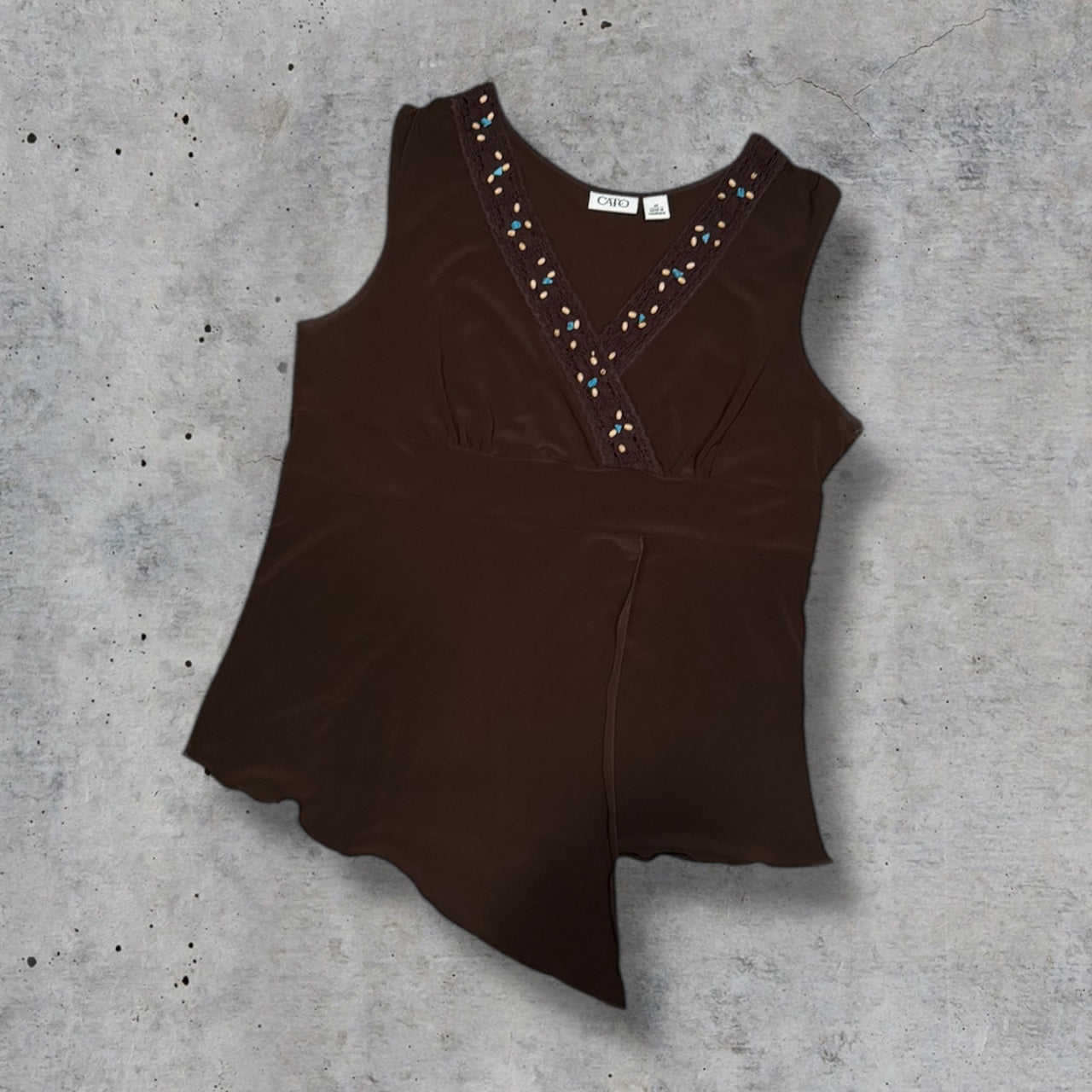 (M) vintage cato Brown asymmetrical beaded top