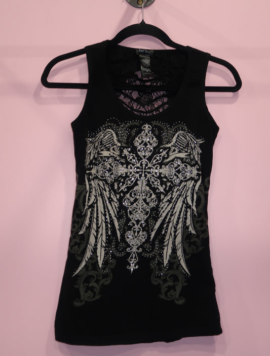 (S/M) y2k angel wing tank top with rhinestones and lace back
