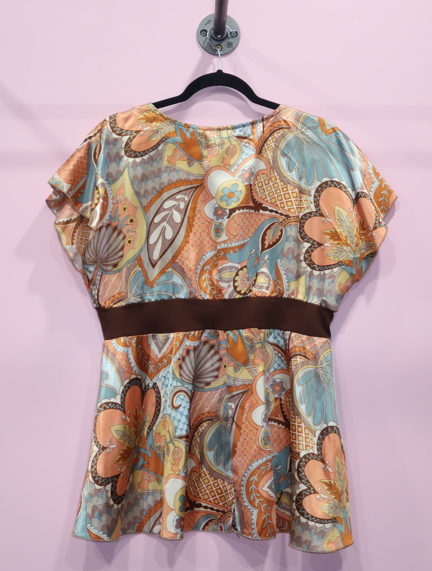 (L) y2k paisley print silk babydoll top