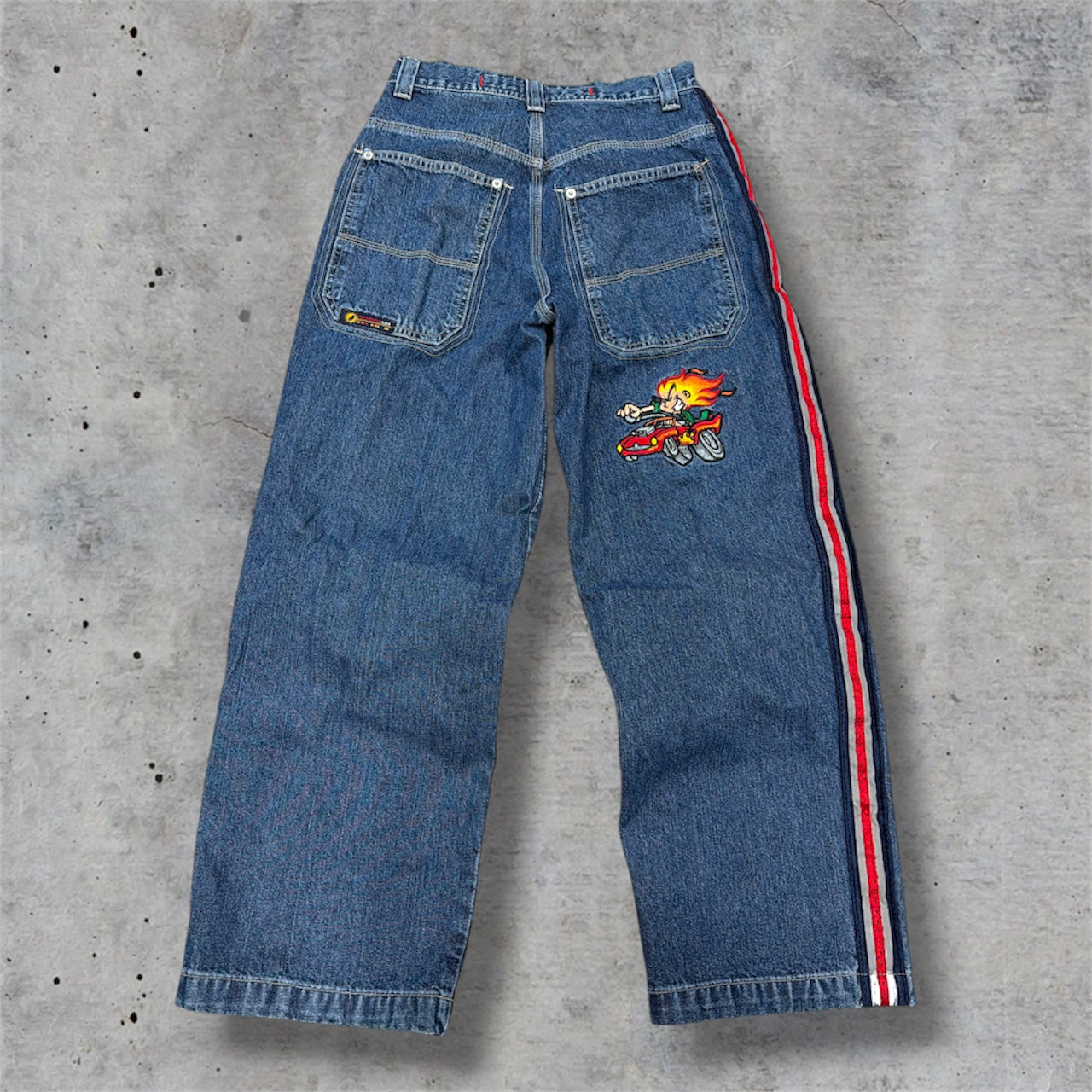 (28”) vintage/y2k flamehead embroidered striped jeans