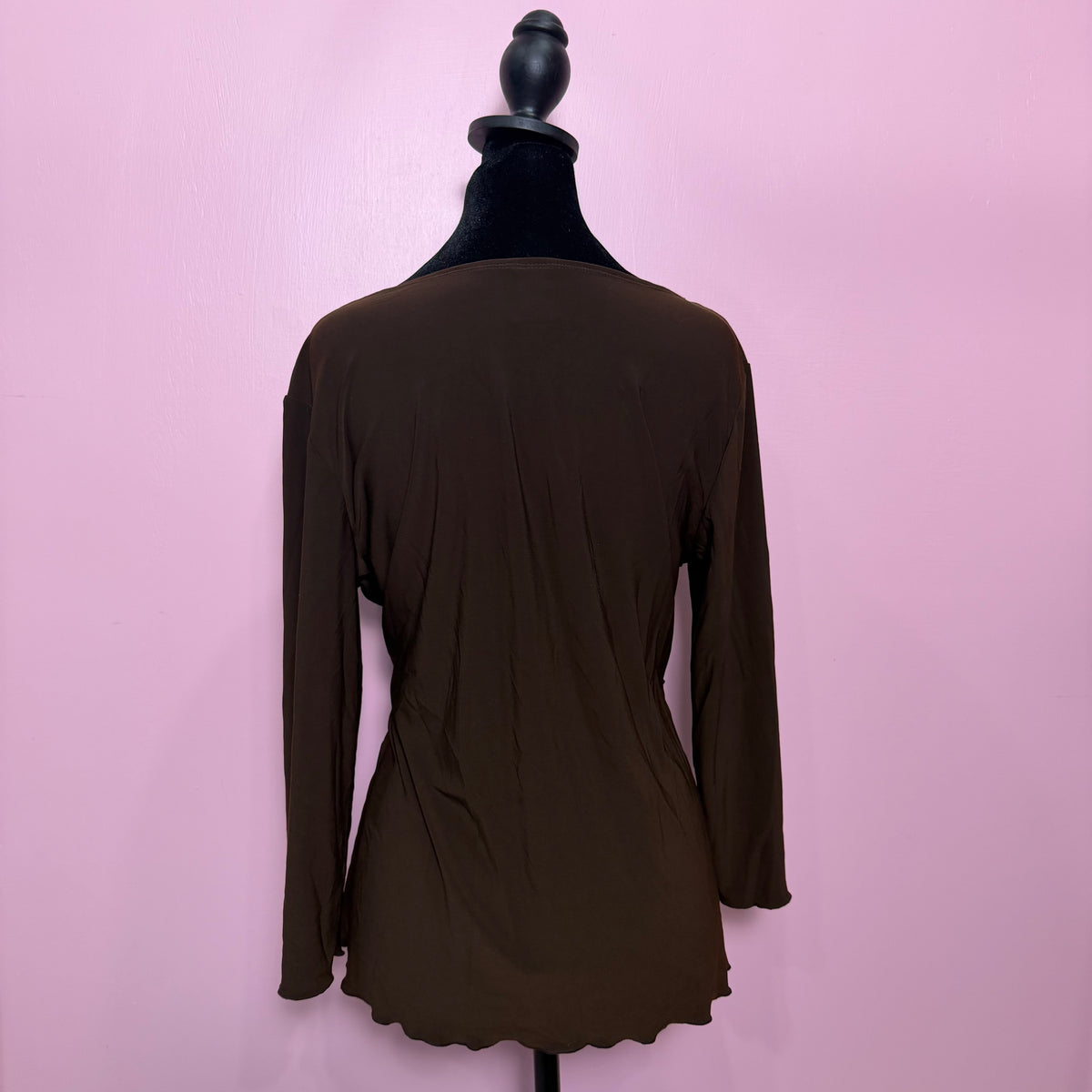 (L) y2k brown sequin trim tie up long sleeve top
