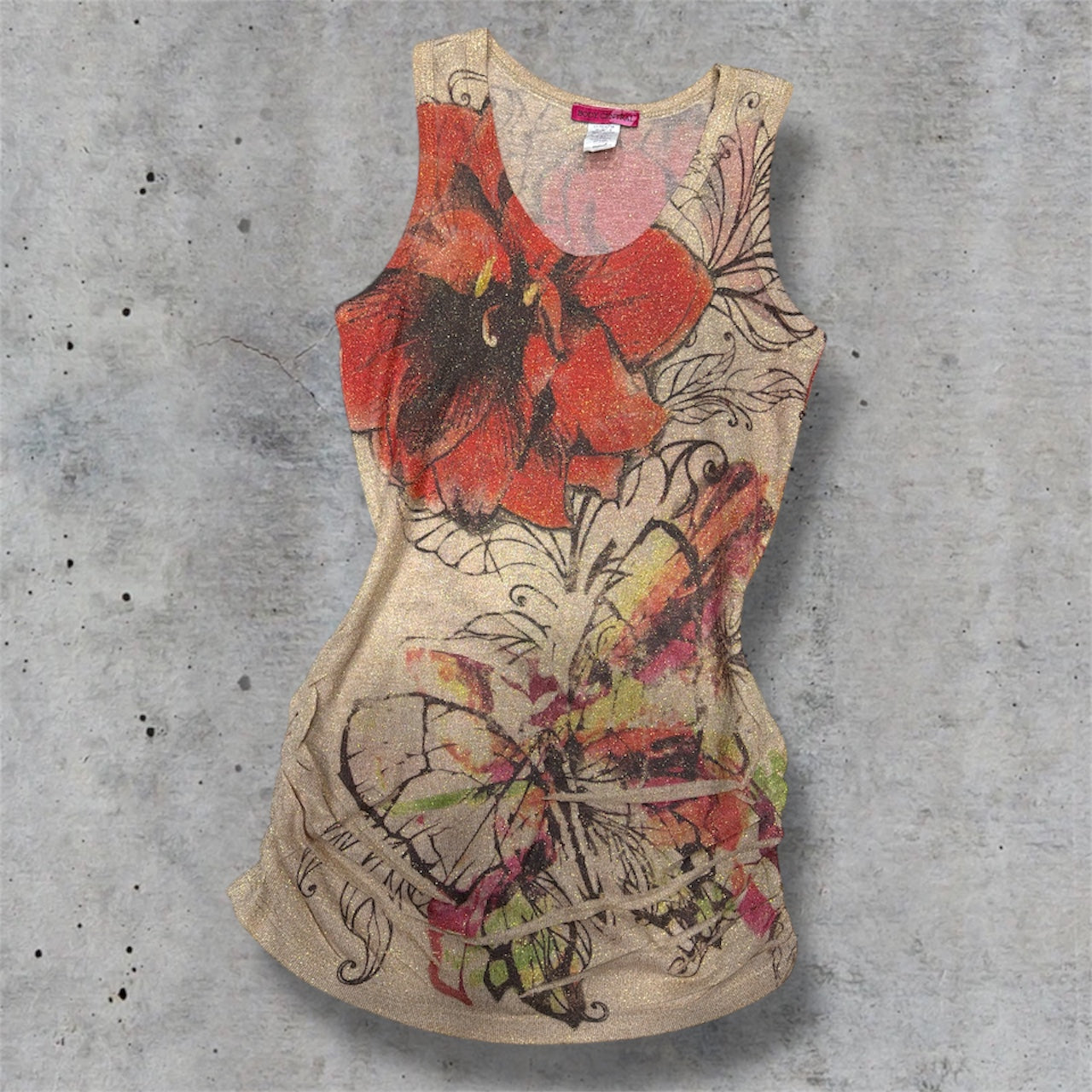 (M) 2000s tattoo print body central ruched top