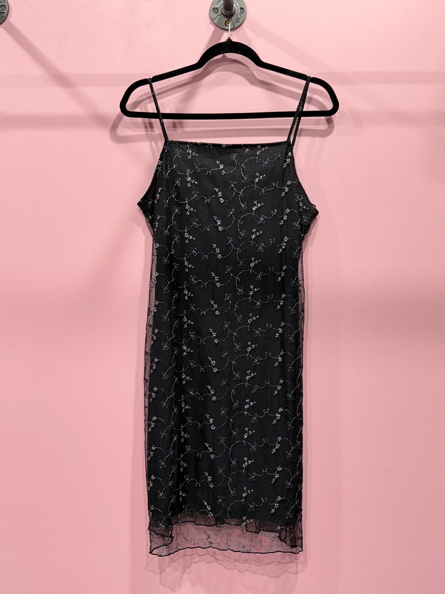 (L) 2000s black & silver floral midi dress