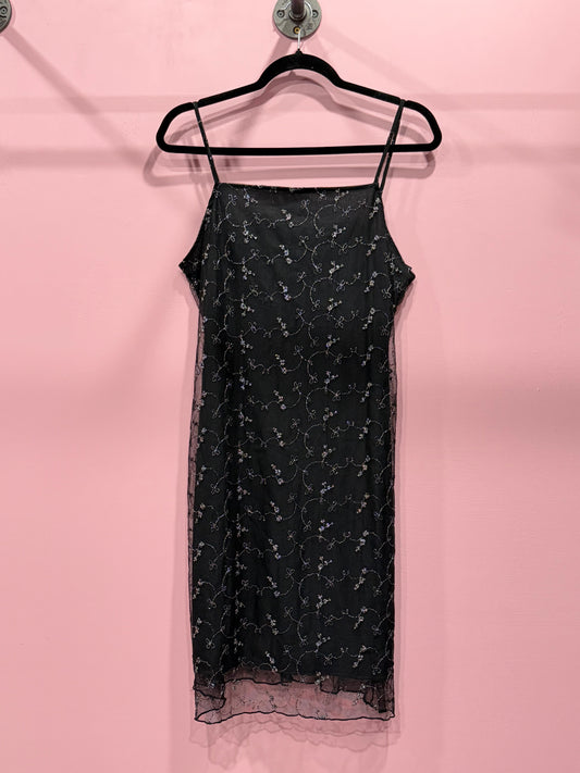 (L) 2000s black & silver floral midi dress