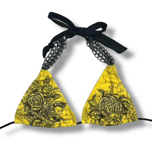 (M/L) Sinful yellow chain embellished bikini top