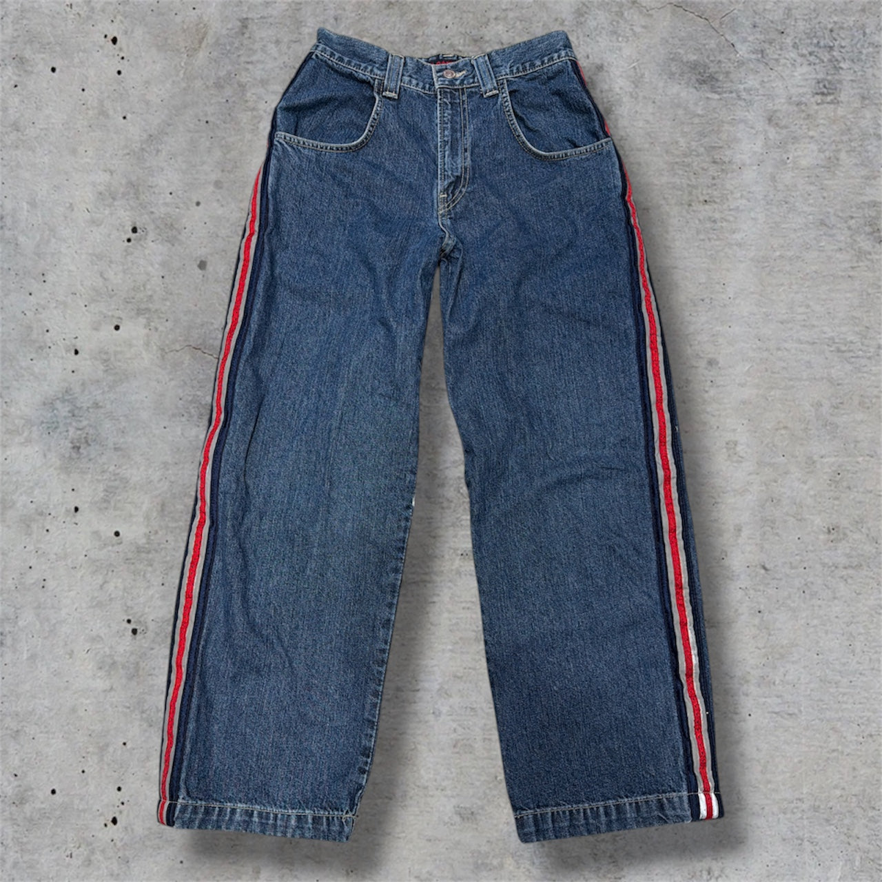 (28”) vintage/y2k flamehead embroidered striped jeans