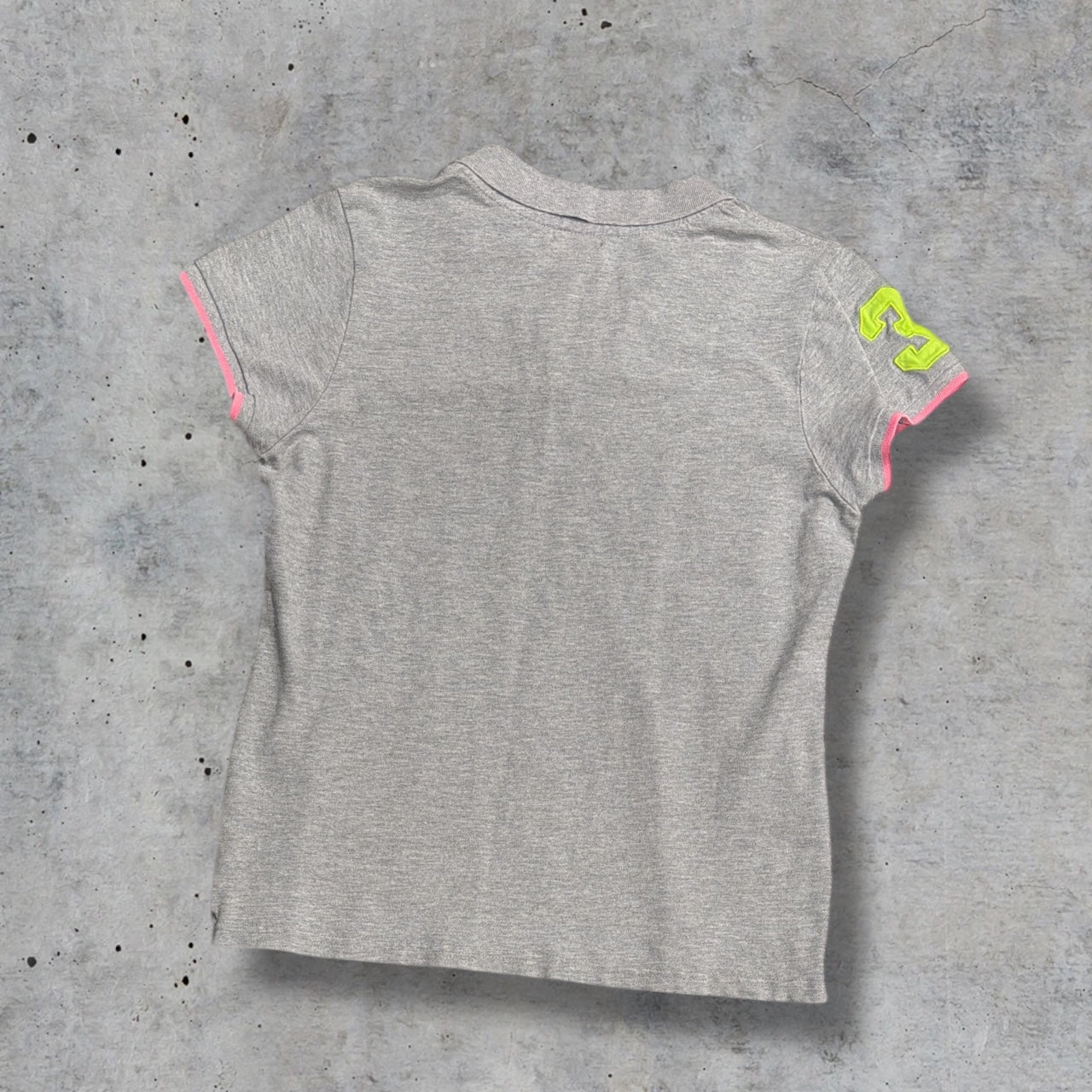 (XL) early 2000s grey, pink & green polo top