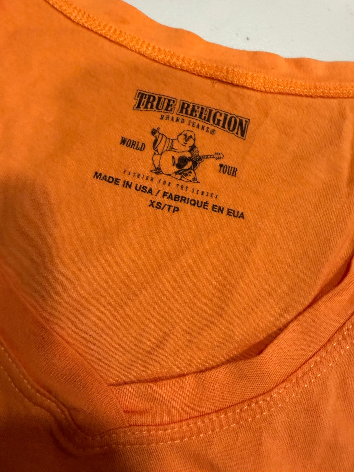 (XS) true religion orange & purple baby tee