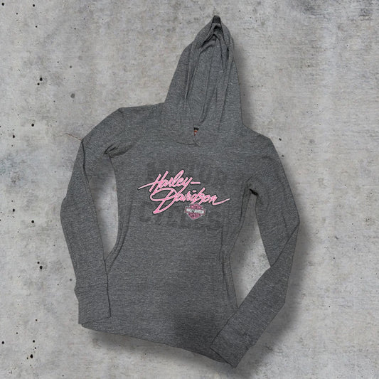 (S/M) 2000s harley davidson pink & grey hooded long sleeve top