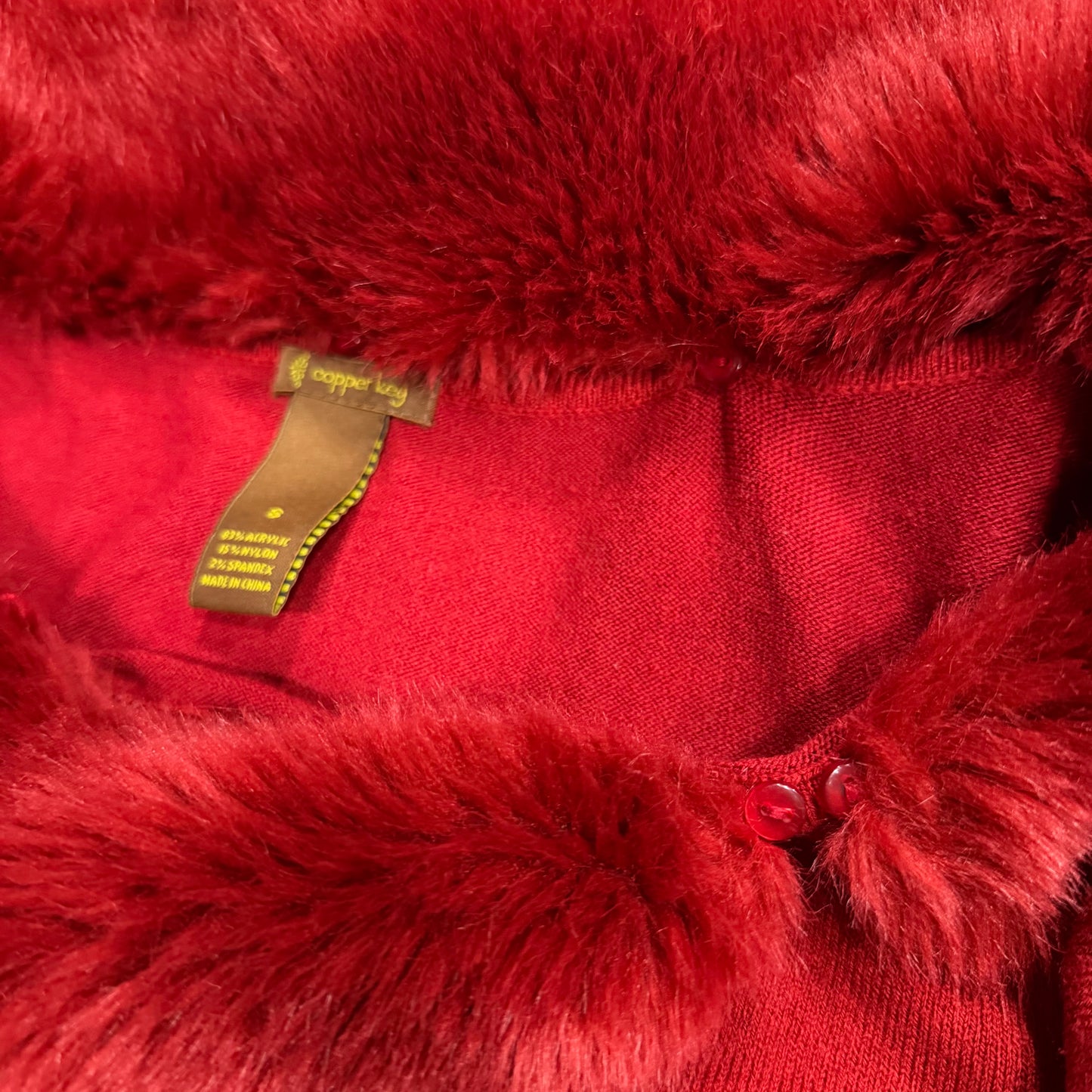 (S/M) vintage fur trim red ruched long sleeve top