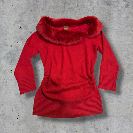 (S/M) vintage fur trim red ruched long sleeve top