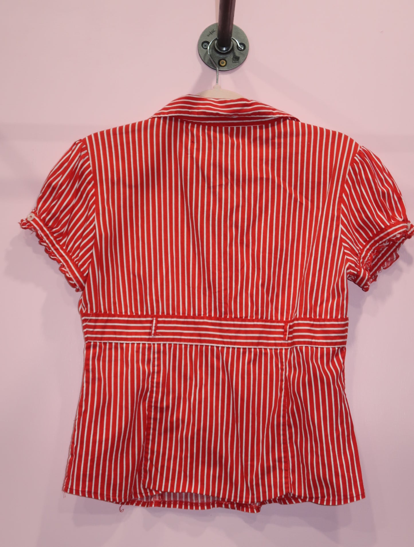 (L) vintage ruffled trim pin striped button up top