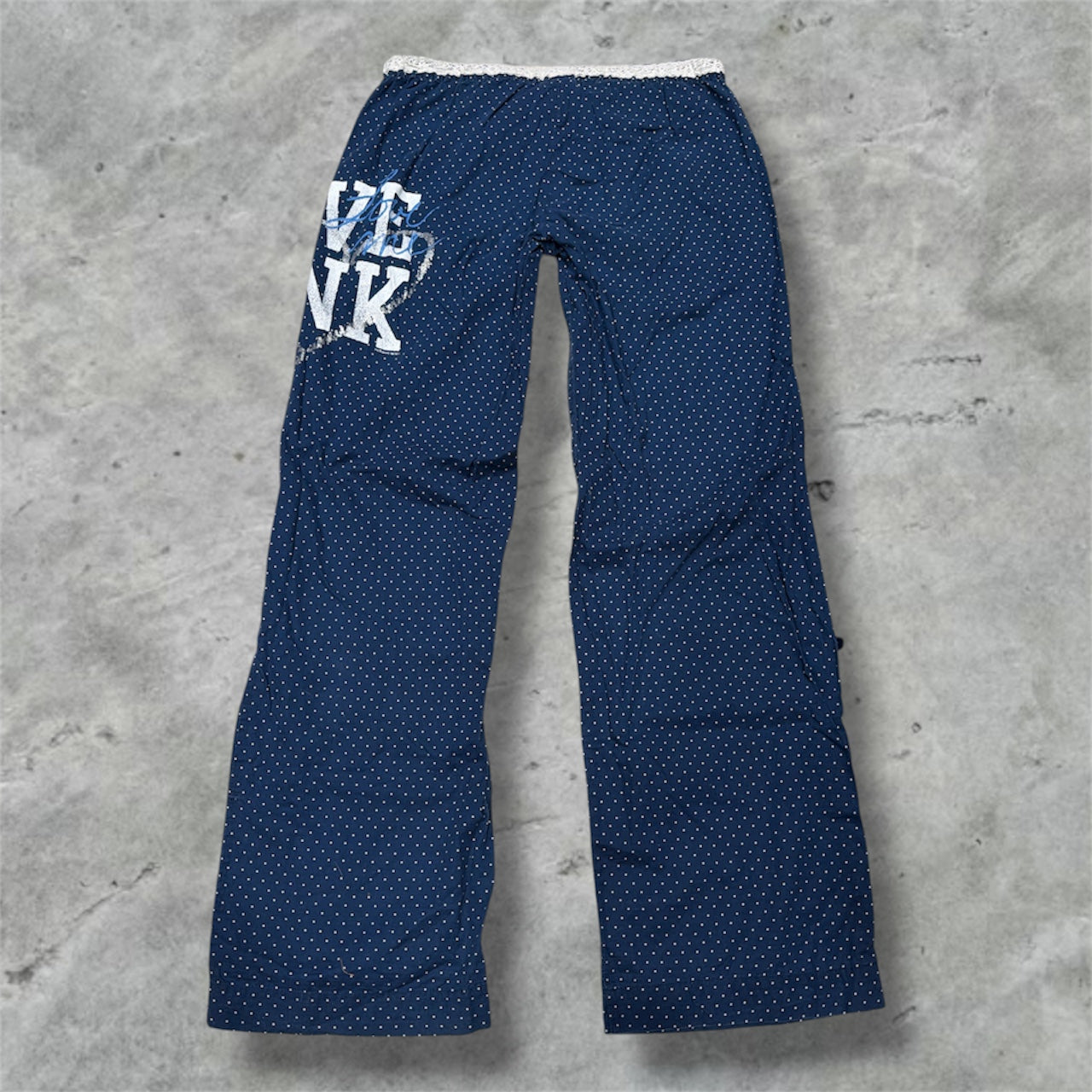 (S) Y2K/EARLY 2000s PINK BY VICTORIA’s SECRET POLKA DOT BLUE LACE TRIM LOUNGE PJ PANTS